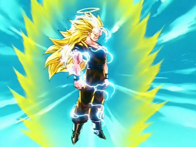 Goku Super Sayajin fase 3 em transformação, simbolizando energia criadora e despertar espiritual