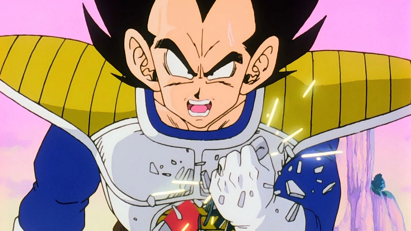 Vegeta quebrando o rastreador de poder, simbolizando o Ki acima de 8000